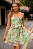 Green Strapless A-Line Floral Corset Graduation Dress with Bows