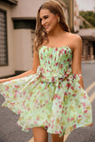 Green Strapless A-Line Floral Corset Graduation Dress with Bows