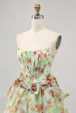 Floral Green Strapless A Line Corset Graduation Dress