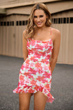 Red Floral Bodycon Spaghetti Straps Printed Mini Graduation Dress