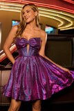 Metallic Dark Purple A-Line Strapless Cut Out Corset Graduation Dress with Bow