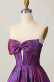 Metallic Corset Dark Purple Strapless A Line Graduation Dress