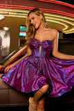 Metallic Dark Purple A-Line Strapless Cut Out Corset Graduation Dress with Bow