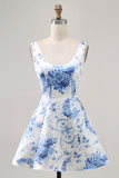 Printed White Blue Flower A Line Graduation Dress