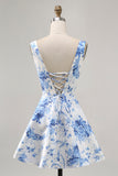 Printed White Blue Flower A Line Graduation Dress