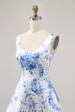Printed White Blue Flower A Line Graduation Dress