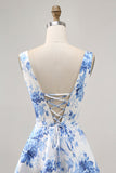 Printed White Blue Flower A Line Graduation Dress