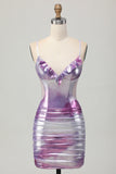 Silver Purple Bodycon Ruffled V Neck Graduation Dress