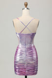 Silver Purple Bodycon Ruffled V Neck Graduation Dress
