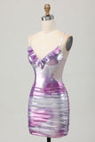 Silver Purple Bodycon Ruffled V Neck Graduation Dress