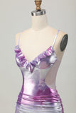 Silver Purple Bodycon Ruffled V Neck Graduation Dress