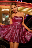 Metallic Dark Purple A-Line Strapless Graduation Dress with Bow