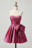A-Line Strapless Ruched Dark Purple Short Graduation Dress with Bow