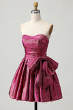 A-Line Strapless Ruched Dark Purple Short Graduation Dress with Bow