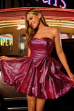 Metallic Dark Purple A-Line Strapless Graduation Dress with Bow