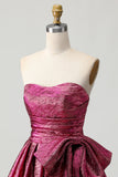 A-Line Strapless Ruched Dark Purple Short Graduation Dress with Bow