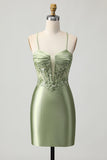Sage Green Bodycon Corset Sequins Graduation Dress with Lace Up Back