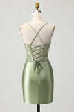 Sage Green Bodycon Corset Sequins Graduation Dress with Lace Up Back