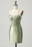 Sage Green Bodycon Corset Sequins Graduation Dress with Lace Up Back