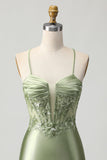 Sage Green Bodycon Corset Sequins Graduation Dress with Lace Up Back