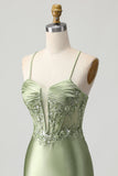 Sage Green Bodycon Corset Sequins Graduation Dress with Lace Up Back