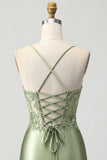 Sage Green Bodycon Corset Sequins Graduation Dress with Lace Up Back