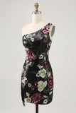 Black Flower Bodycon Sequin One Shoulder Graduation Dress