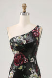 Black Flower Bodycon Sequin One Shoulder Graduation Dress