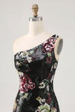Black Flower Bodycon Sequin One Shoulder Graduation Dress