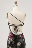 Black Flower Bodycon Sequin One Shoulder Graduation Dress