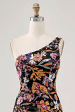 Black Flower Bodycon One Shoulder Embroidery Graduation Dress