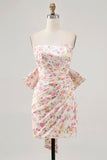 Pink Flower Strapless Bodycon Ruched Graduation Dress