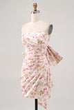 Pink Flower Strapless Bodycon Ruched Graduation Dress