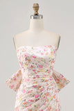 Pink Flower Strapless Bodycon Ruched Graduation Dress