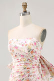Pink Flower Strapless Bodycon Ruched Graduation Dress