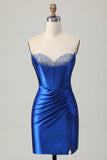 Beaded Tight Royal Blue Strapless Graduation Dress with Slit