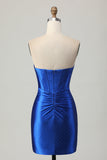 Beaded Tight Royal Blue Strapless Graduation Dress with Slit