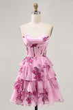 Tiered Pink Floral Strapless Graduation Dress