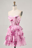 Tiered Pink Floral Strapless Graduation Dress