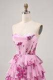 Tiered Pink Floral Strapless Graduation Dress