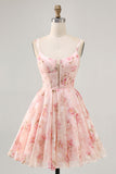 Blush Floral A Line Square Neck Corset Printed Graduation Dress