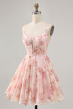 Blush Floral A Line Square Neck Corset Printed Graduation Dress