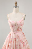 Blush Floral A Line Square Neck Corset Printed Graduation Dress