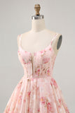 Blush Floral A Line Square Neck Corset Printed Graduation Dress