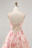 Blush Floral A Line Square Neck Corset Printed Graduation Dress