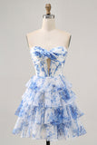 Strapless White Blue Flower Corset Graduation Dress