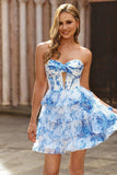 White Blue Flower Corset Cut Out Strapless Graduation Dress