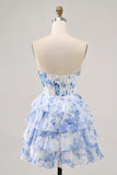 White Blue Flower Corset Cut Out Strapless Graduation Dress