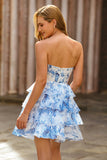 White Blue Flower Corset Cut Out Strapless Graduation Dress