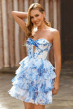 White Blue Flower Corset Cut Out Strapless Graduation Dress